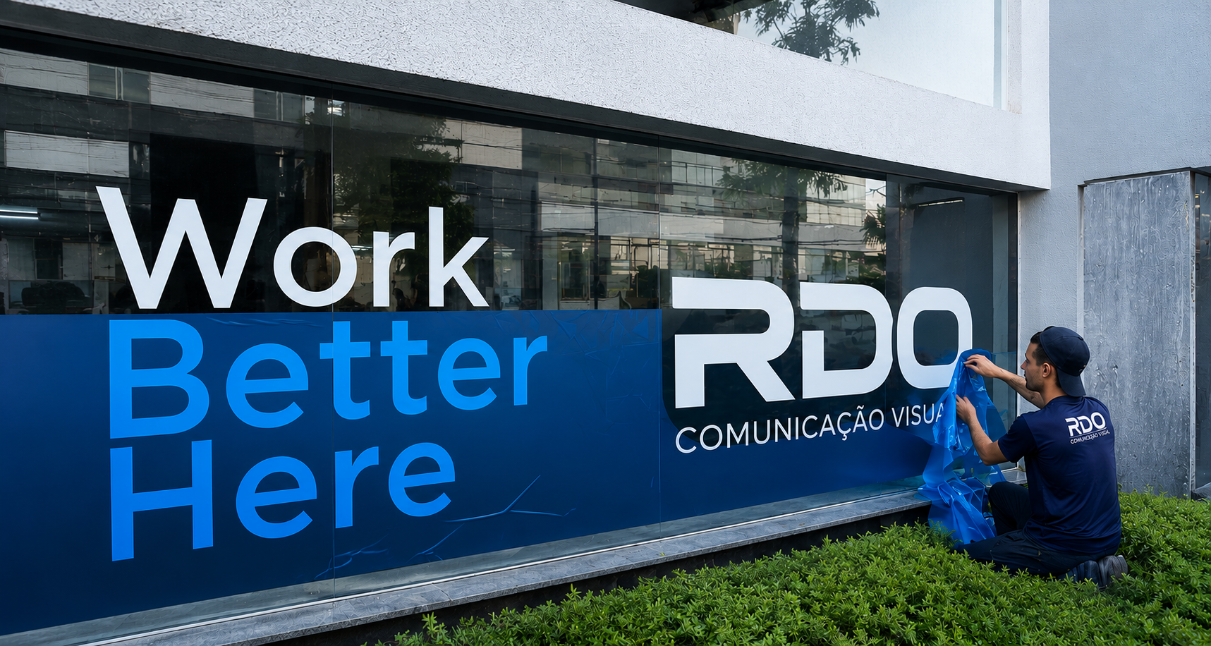 Instalação de adesivo em vitrine de escritório